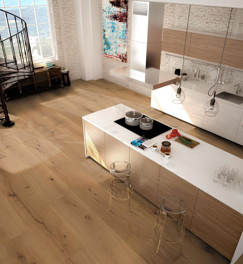 Chêne Massif Verni Brossé Rustique GO-4 Hercule - 160x14x2100mm - Certifié FSC 100 % | Accueil | Premibel Parquet